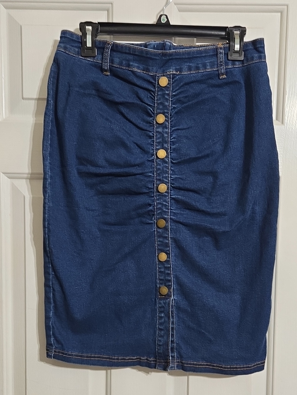 Dark Blue Denim Button-Front Pencil Skirt